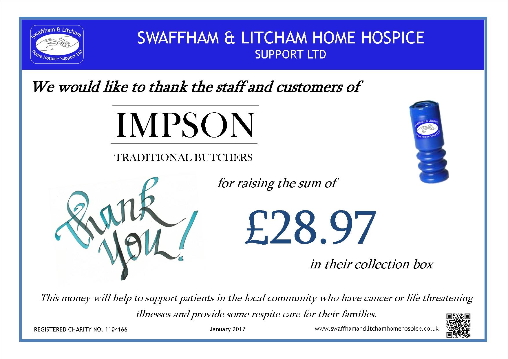 Money raised by Customer and Staff at Impson's January 2017