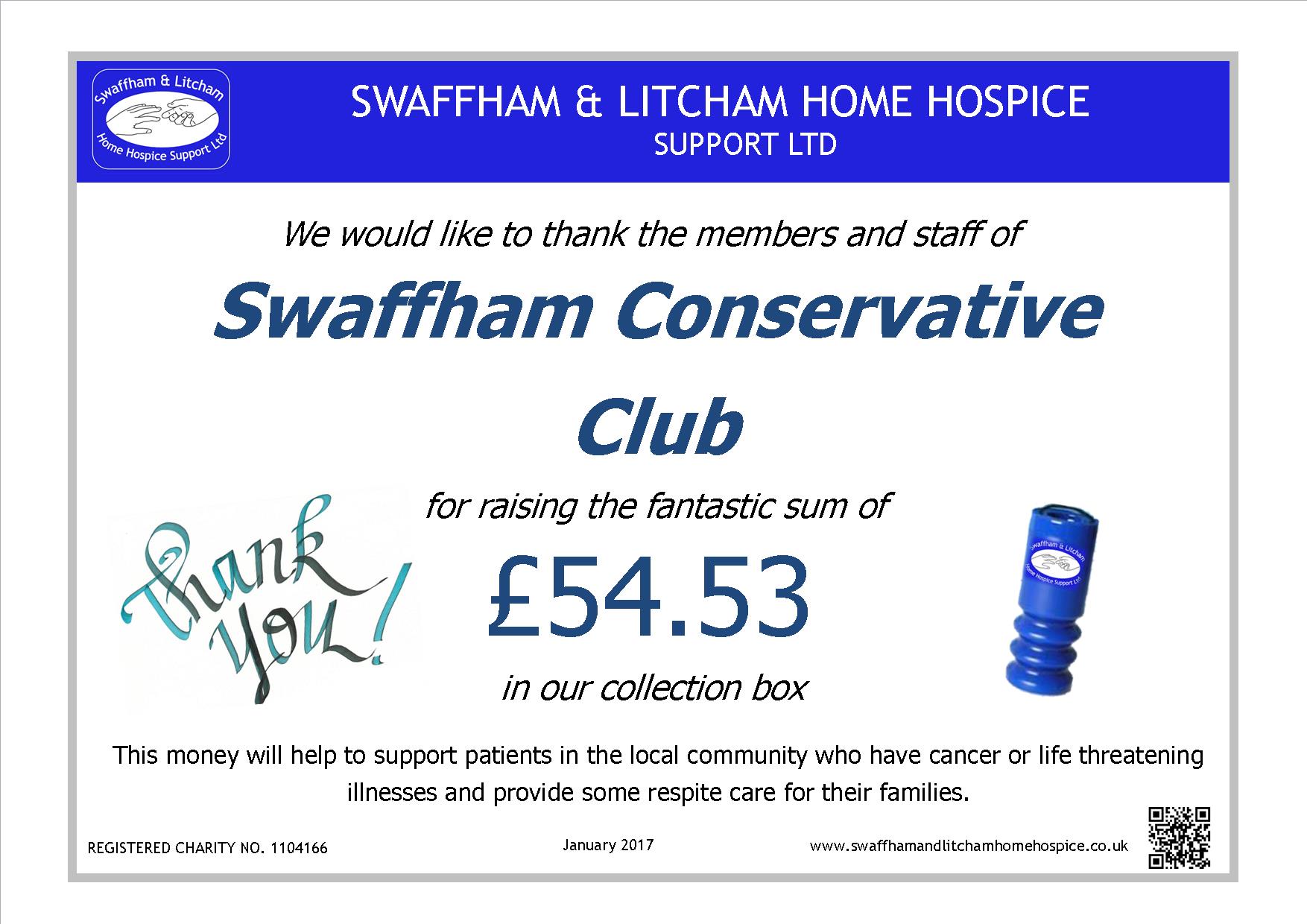 Money raised by Members and Staff at Swaffham Conservative Club, January 2017