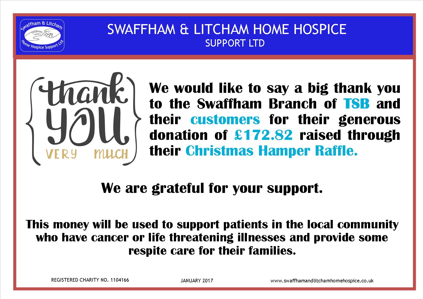Money raised by Swaffham Branch of TSB by Staff and Customers for their Christmas Hamper, January 2017