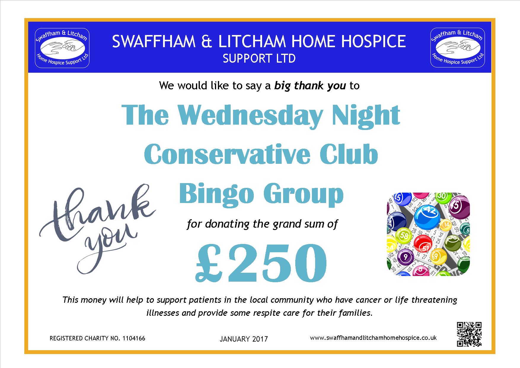 Money raised at Swaffham Conservative Club Wednesday Bingo Group, Janury 2017