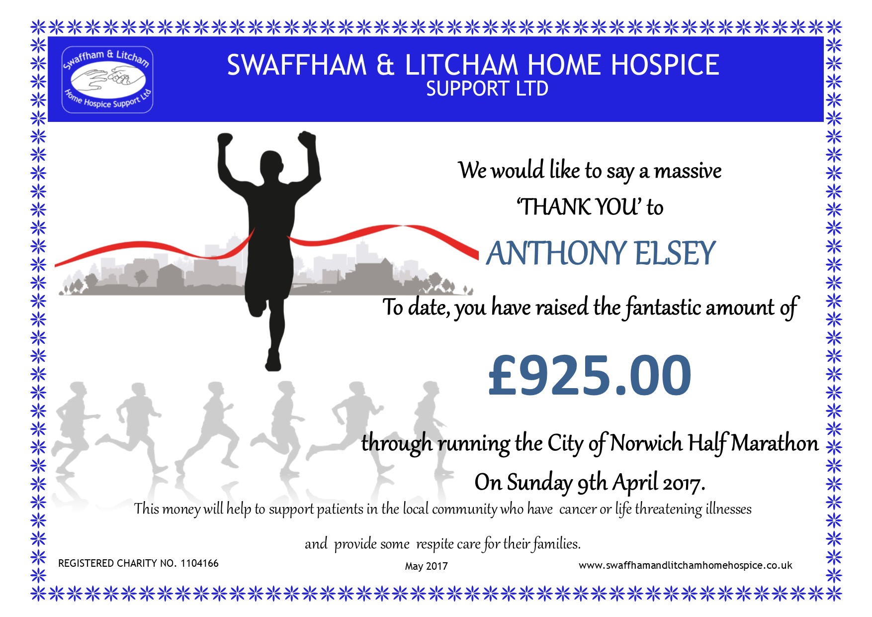 Money raised by Anthony Elsey who ran the Norwich Half Marathon in May 2017