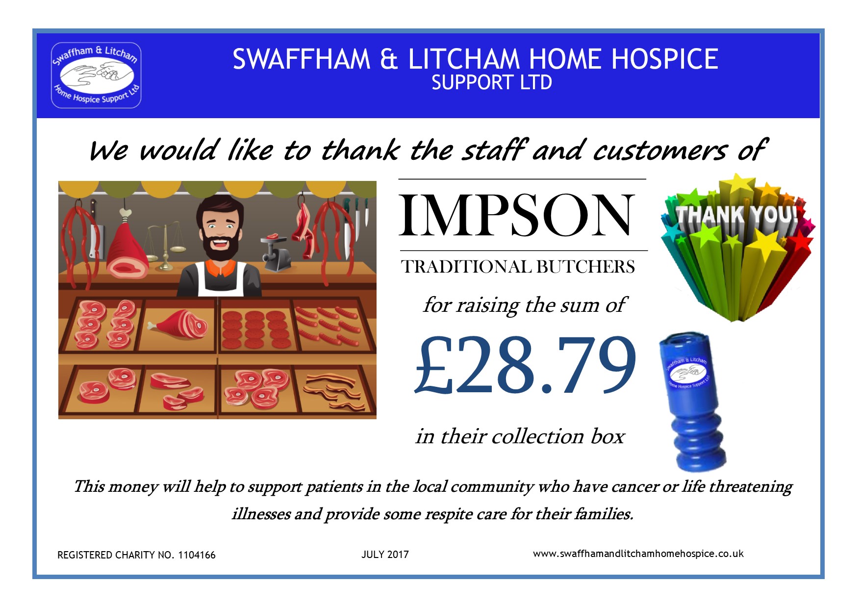 Money raised by Customer and Staff at Impson's, July 2017