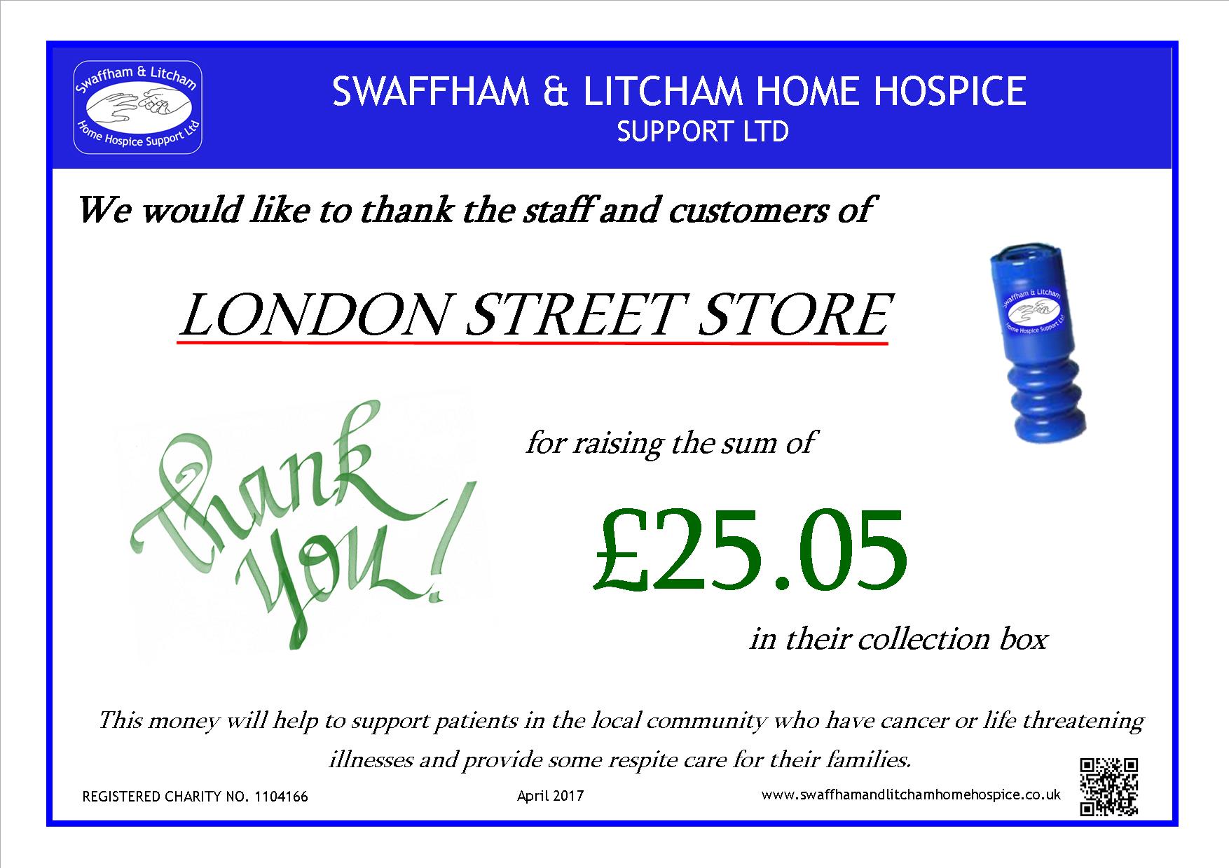 Money raised by Customers at the London Street Store, April 2017