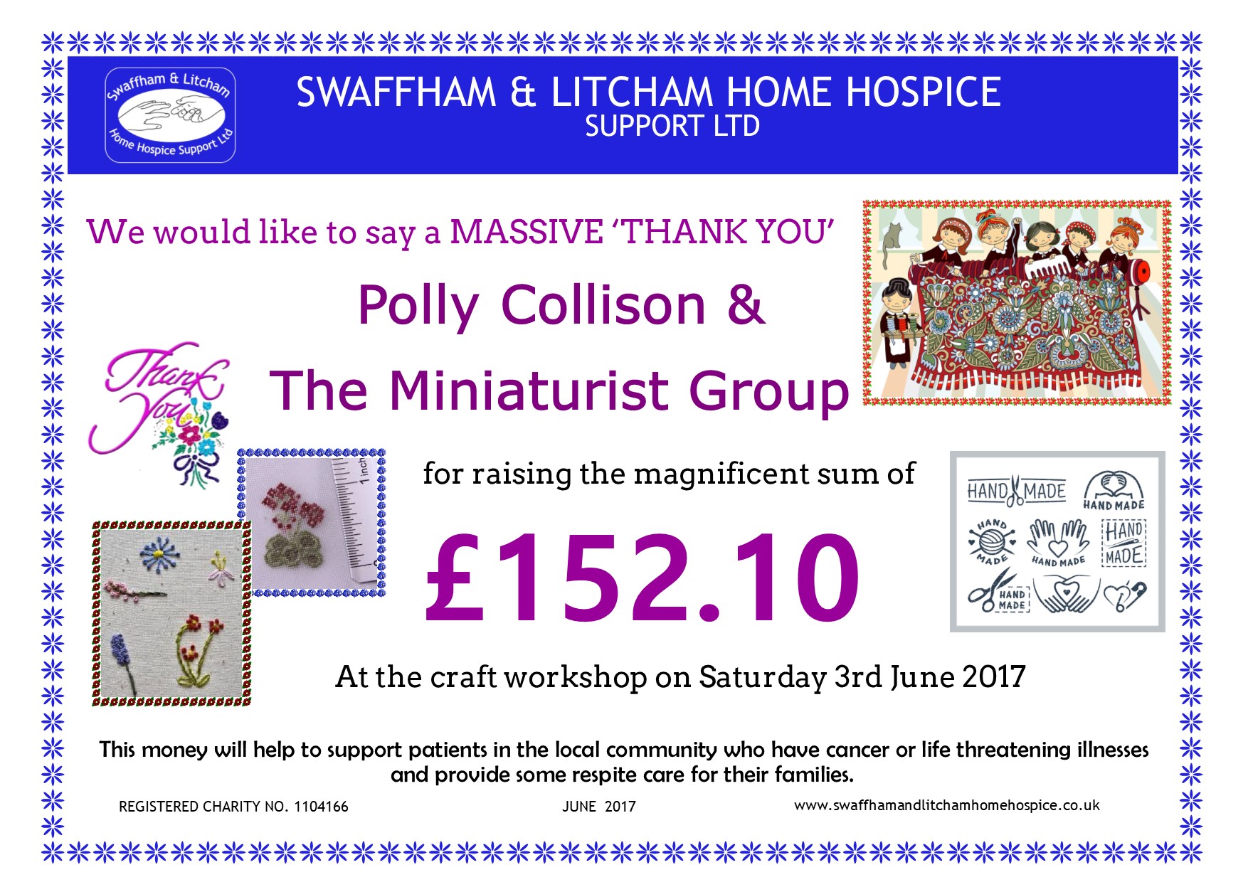 Money raised by Polly Collison and the Miniaturist Group, June 2017